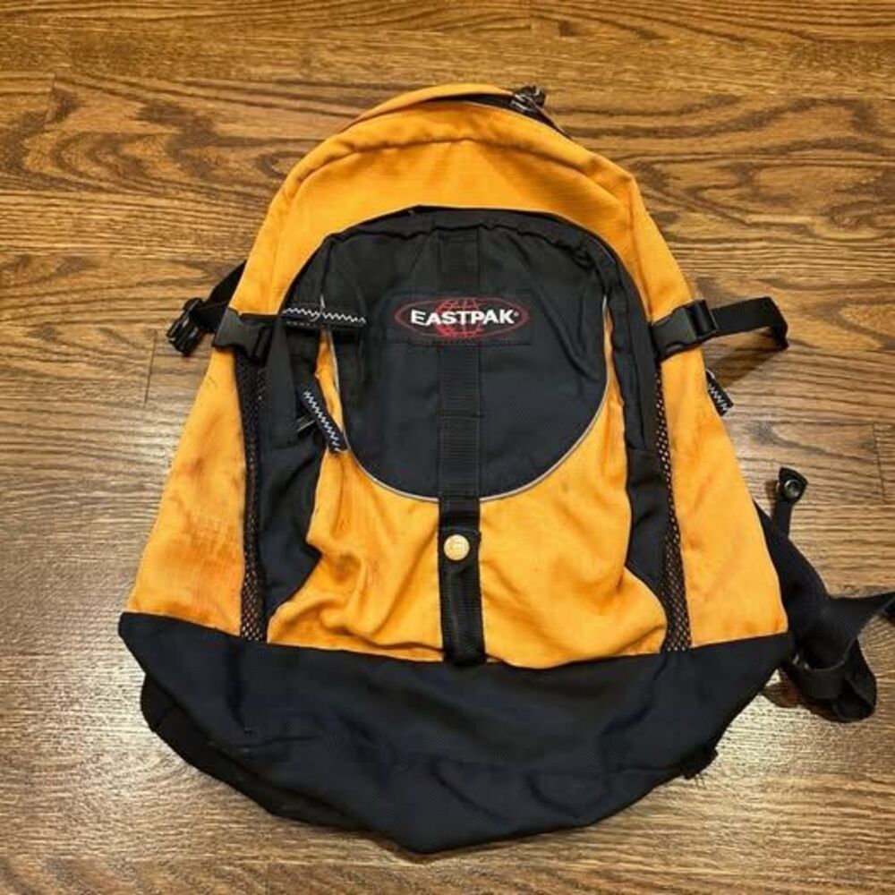 Vintage EastPak Backpack Zip Back Pack Yellow Multi Pocket BookBag Travel Bag